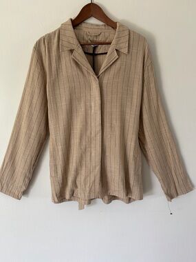 LATTELIER Tan Striped Button Front Linen Blend Tie Back Lightweight Jacket